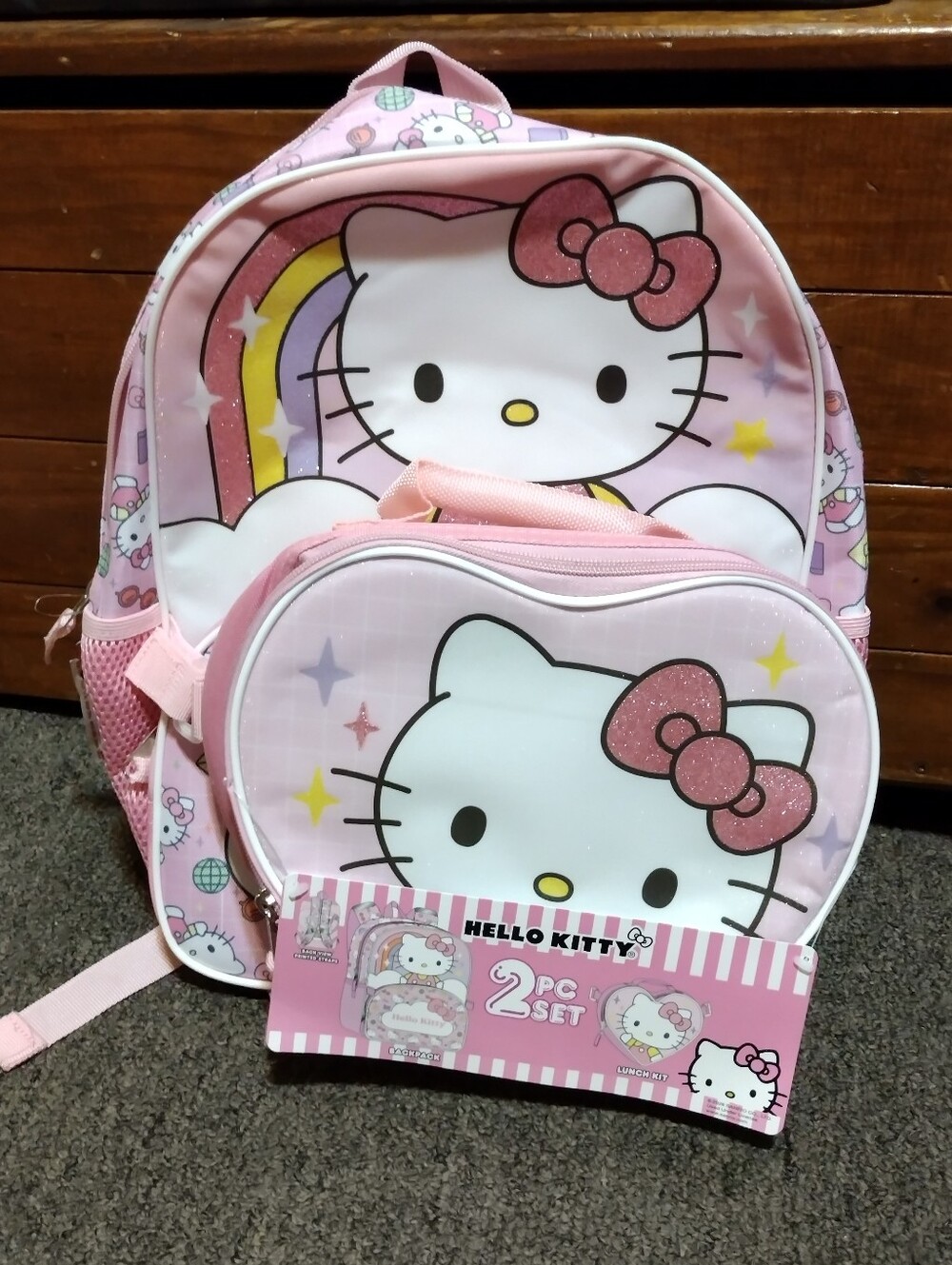 Hello Kitty 14" Girls Backpack and Matching Lunch Bag Set with Rainbow Accents